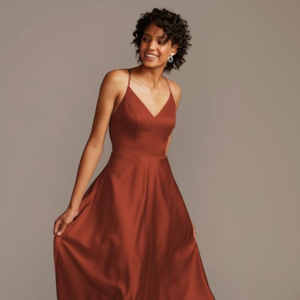 David's Bridal Spaghetti Strap Satin A-line Formal Dress - Cinnamon